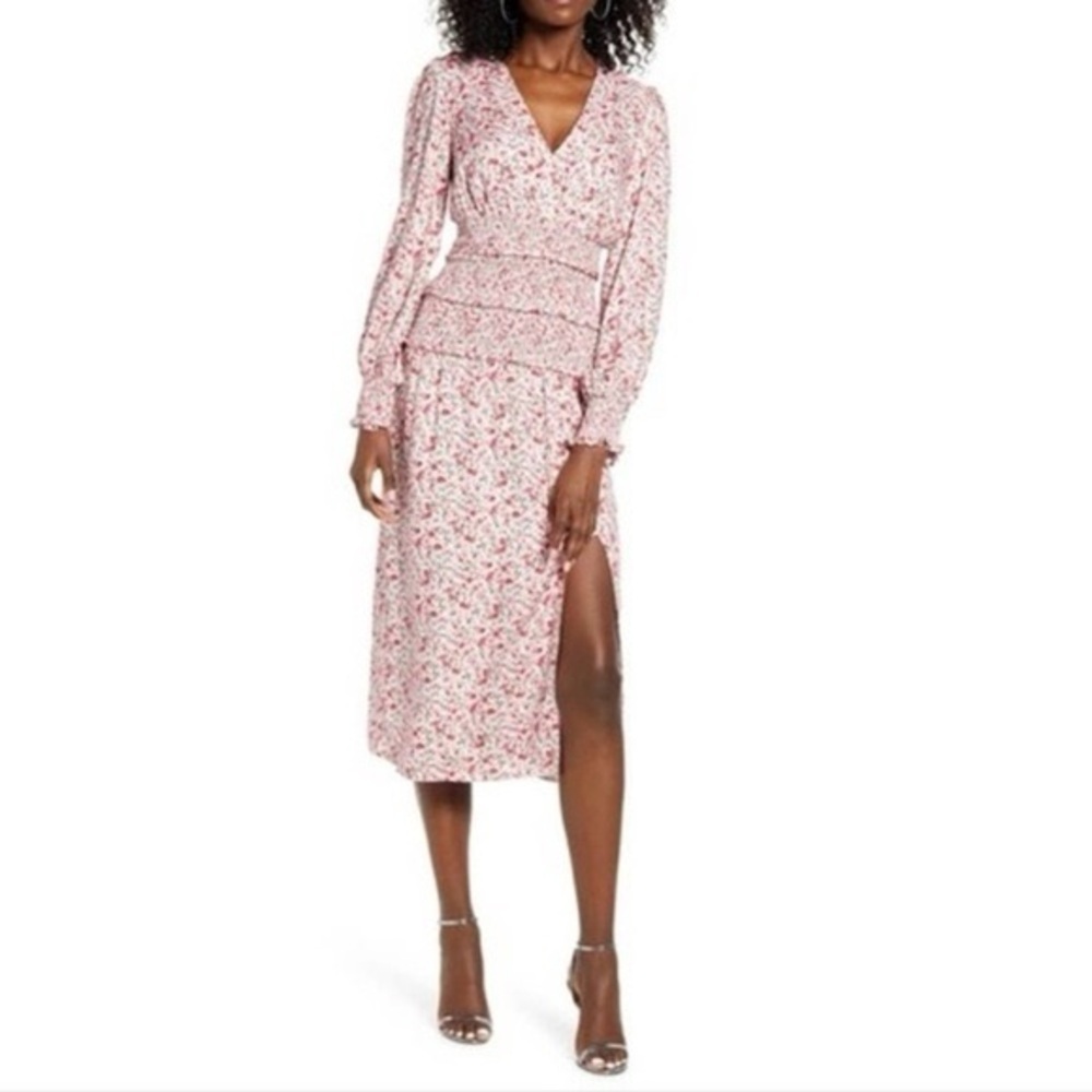 AFRM Hazel midi dress in pink floral print with long sleeves
